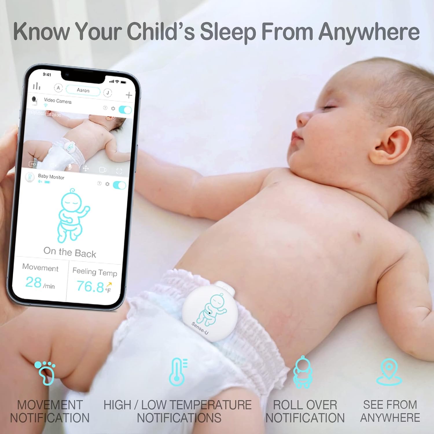 Sense-U Smart Baby Monitor 3+Camera, Audio, Video Baby Monitor That Notifies You for No Abdominal Movement, Rollover, High/Low Temperatures, Detected Motion, with Night Vision, 2-Way Talk, Long Range - Image 3